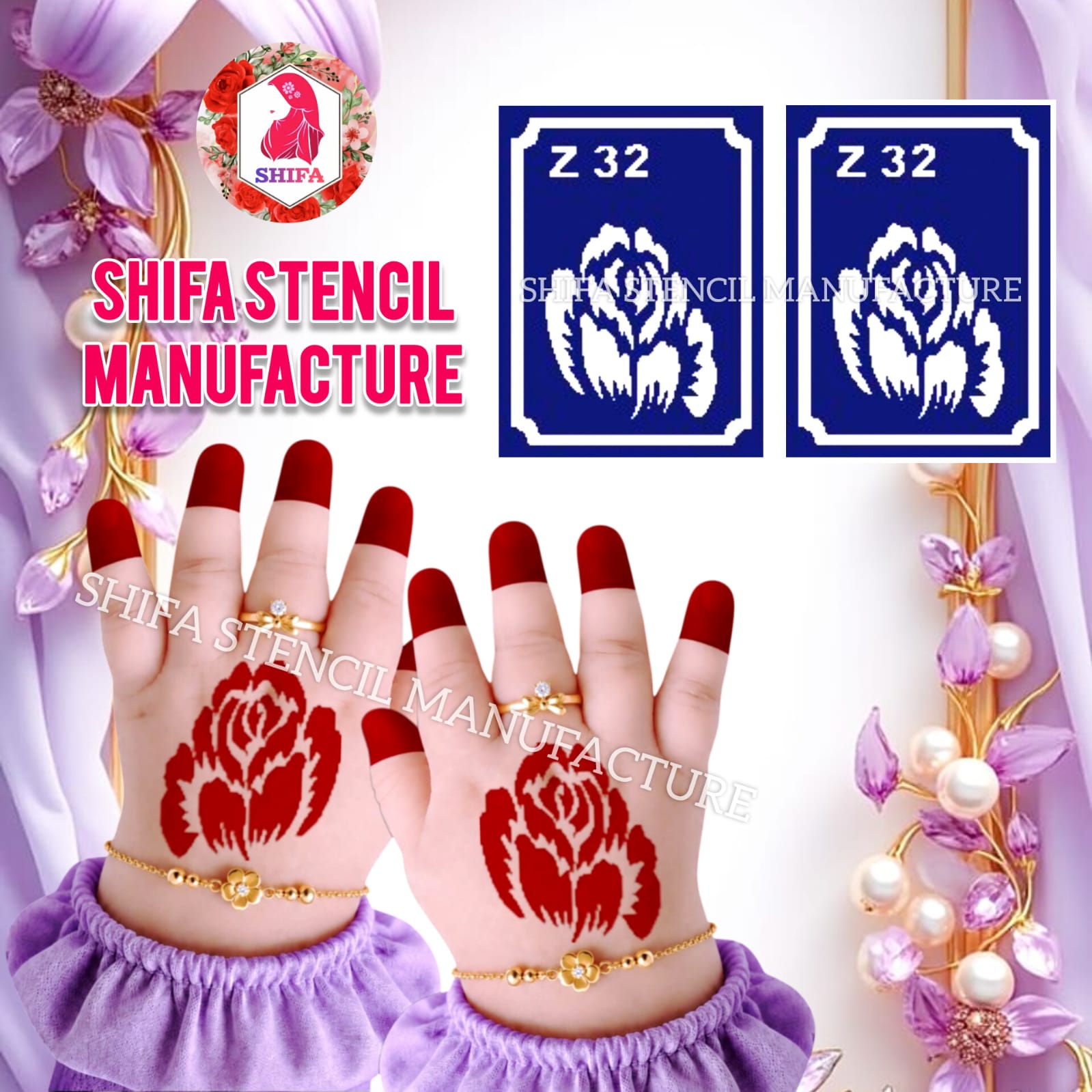 Z 32 Full Peony Blush Sticker overview Henna Stencil - Shifa Stencil